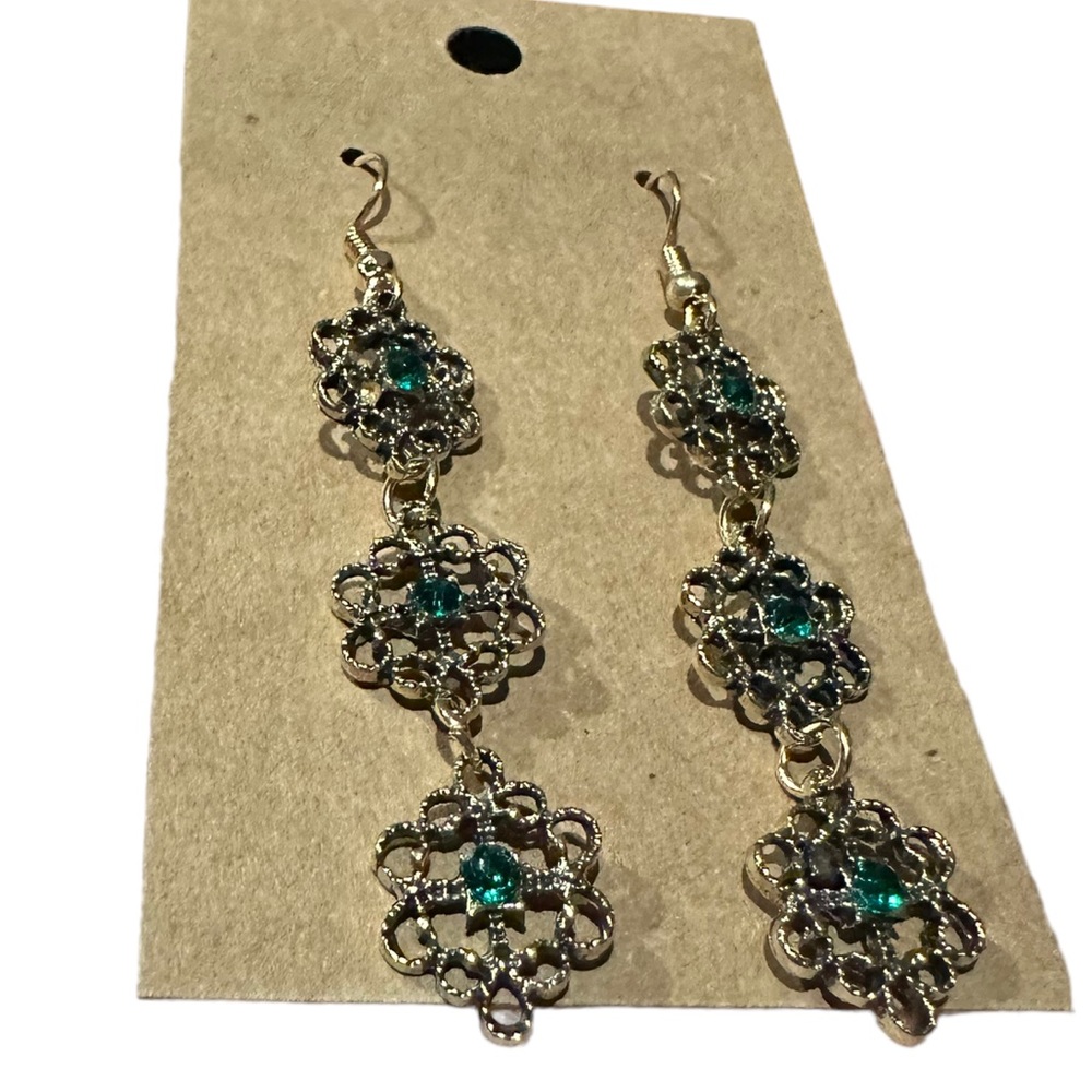 Vintage Style Gold and Emerald Center Stone Triple Drop Earrings